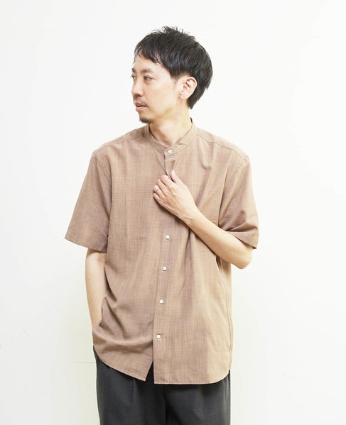 リネンライクスラブエステル / スタンダード半袖バンドカラーシャツ 詳細画像 ベージュ 1