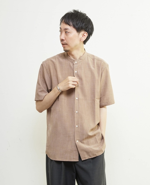 リネンライクスラブエステル / スタンダード半袖バンドカラーシャツ 詳細画像 ベージュ 16