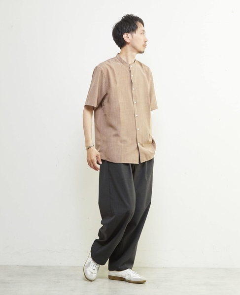 リネンライクスラブエステル / スタンダード半袖バンドカラーシャツ 詳細画像 ベージュ 19