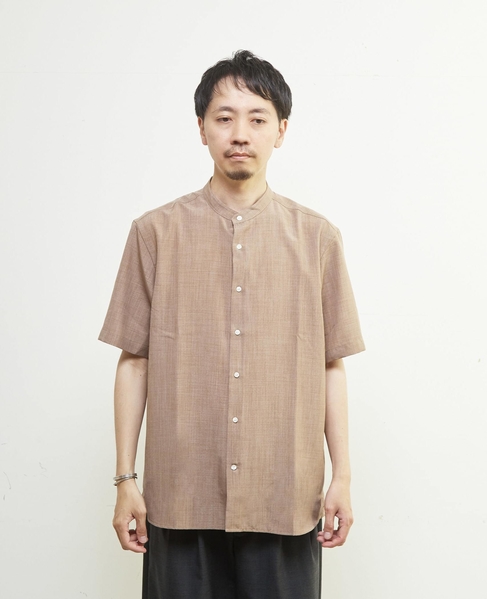 リネンライクスラブエステル / スタンダード半袖バンドカラーシャツ 詳細画像 ベージュ 2