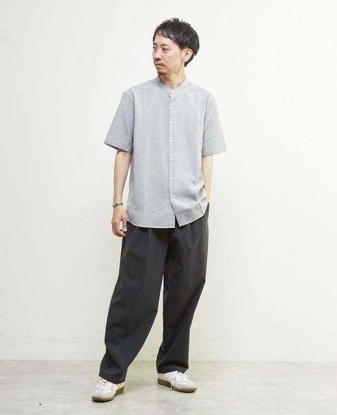 リネンライクスラブエステル / スタンダード半袖バンドカラーシャツ 詳細画像 ベージュ 22