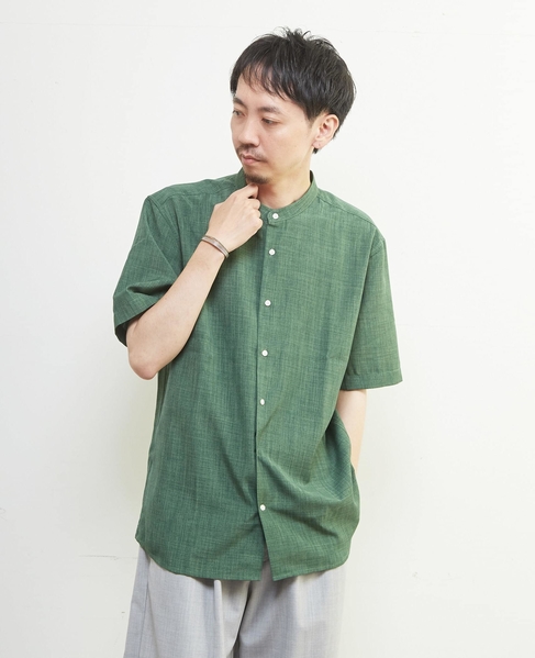 リネンライクスラブエステル / スタンダード半袖バンドカラーシャツ 詳細画像 ベージュ 24