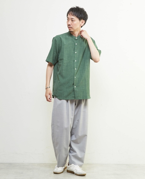 リネンライクスラブエステル / スタンダード半袖バンドカラーシャツ 詳細画像 ベージュ 27