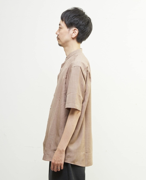 リネンライクスラブエステル / スタンダード半袖バンドカラーシャツ 詳細画像 ベージュ 3
