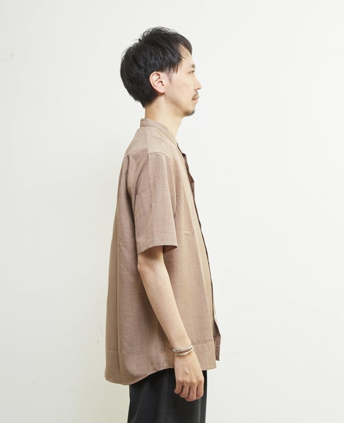 リネンライクスラブエステル / スタンダード半袖バンドカラーシャツ 詳細画像 ベージュ 5