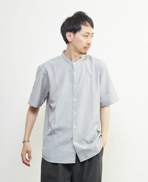 リネンライクスラブエステル / スタンダード半袖バンドカラーシャツ 詳細画像 ライトブルー 1
