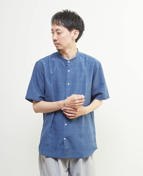 リネンライクスラブエステル / スタンダード半袖バンドカラーシャツ 詳細画像 ライトブルー 2