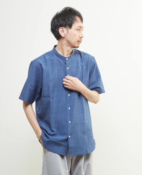 リネンライクスラブエステル / スタンダード半袖バンドカラーシャツ 詳細画像 ライトブルー 3