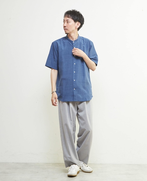 リネンライクスラブエステル / スタンダード半袖バンドカラーシャツ 詳細画像 ライトブルー 4