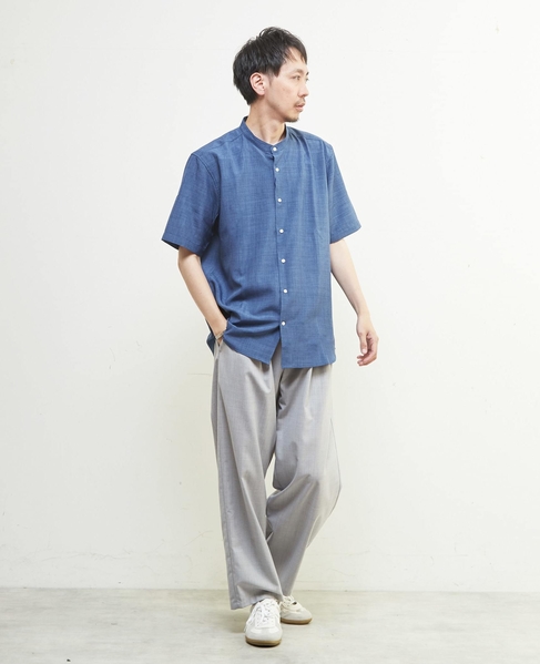 リネンライクスラブエステル / スタンダード半袖バンドカラーシャツ 詳細画像 ライトブルー 5