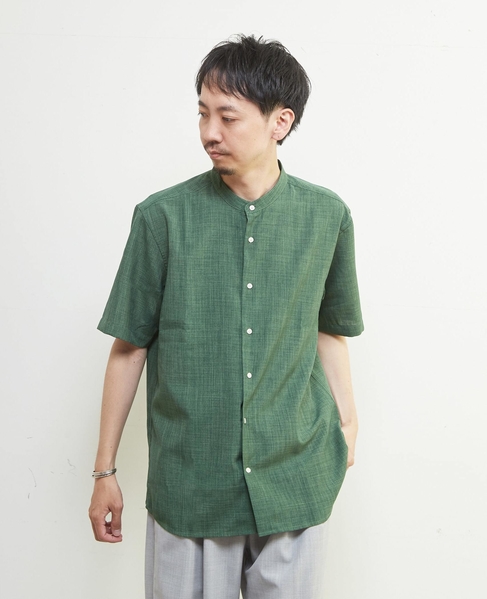 リネンライクスラブエステル / スタンダード半袖バンドカラーシャツ 詳細画像 グリーン 1