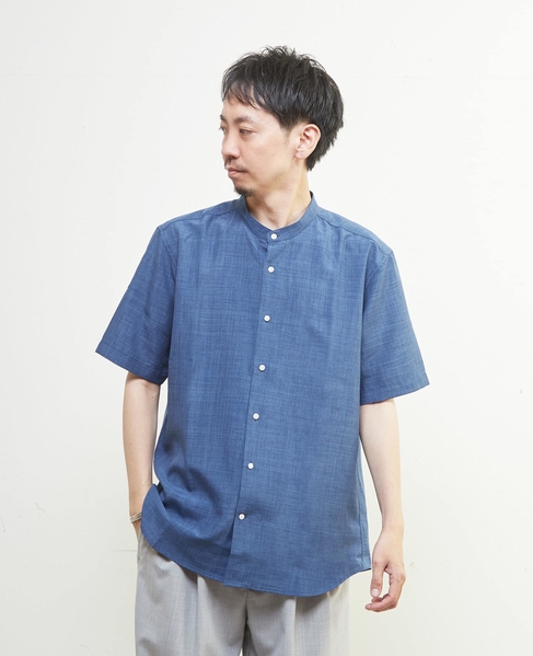 リネンライクスラブエステル / スタンダード半袖バンドカラーシャツ 詳細画像 ブルー 1