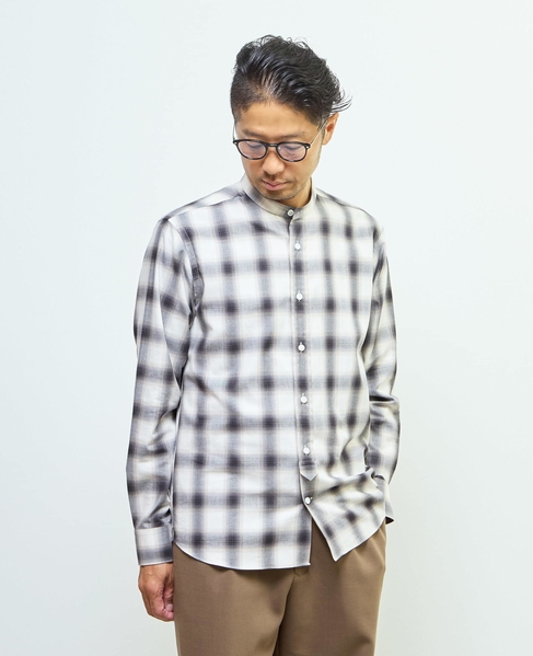 HITOYOSHIダブルネーム ｜ オンブレチェックバンドカラーシャツ 詳細画像 ライトグレー 14