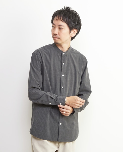 ウーリーピンストライプバンドカラーシャツ 詳細画像 グレー 14