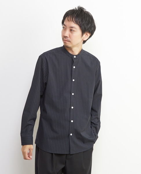 ウーリーピンストライプバンドカラーシャツ 詳細画像 ネイビー 1