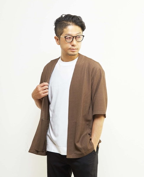 テクスチャーメッシュハーフスリーブカーディガン 詳細画像 ブラウン 1