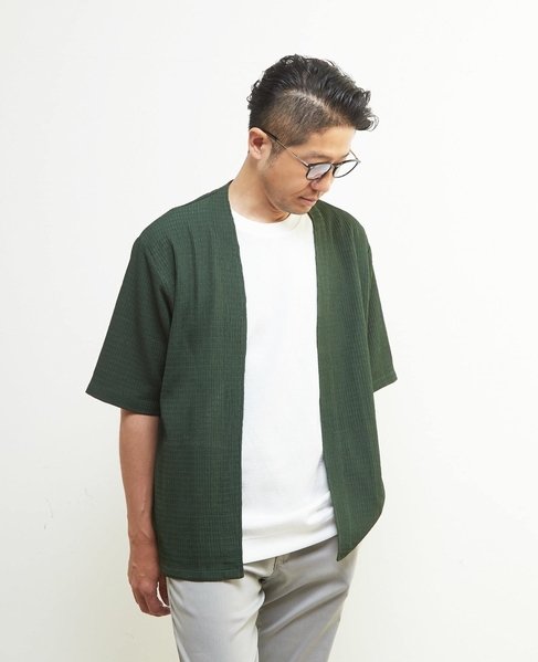 テクスチャーメッシュハーフスリーブカーディガン 詳細画像 グリーン 1