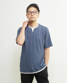 リンクスストライプキーネックフェイクレイヤードTシャツ