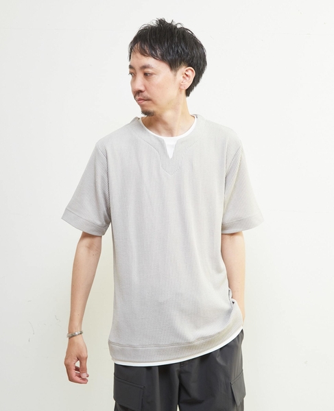 リンクスストライプキーネックフェイクレイヤードTシャツ 詳細画像 ライトグレー 14