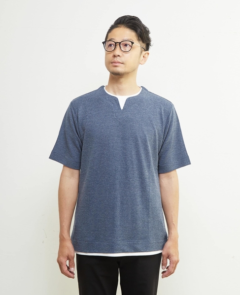 リンクスストライプキーネックフェイクレイヤードTシャツ 詳細画像 ライトグレー 2