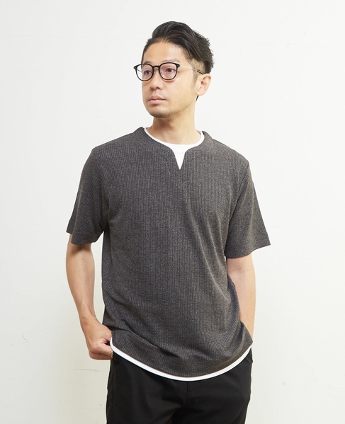 リンクスストライプキーネックフェイクレイヤードTシャツ 詳細画像 ライトグレー 21