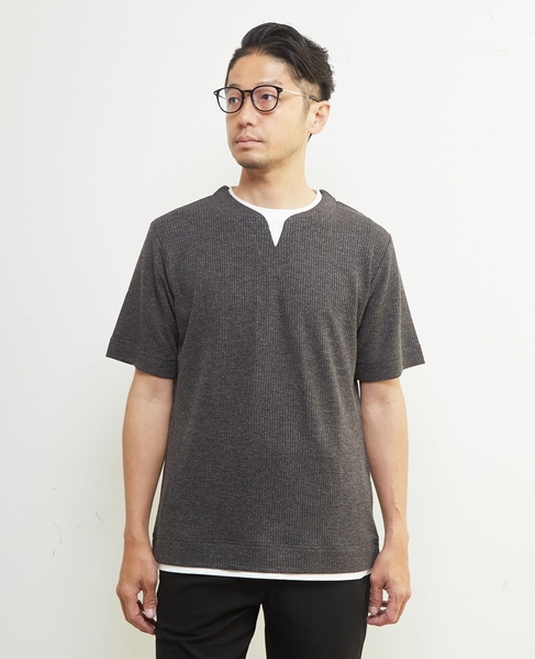 リンクスストライプキーネックフェイクレイヤードTシャツ 詳細画像 ライトグレー 22