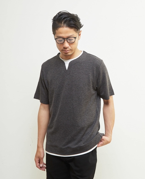 リンクスストライプキーネックフェイクレイヤードTシャツ 詳細画像 チャコールグレー 1