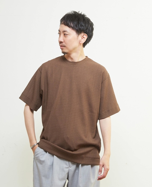 テクスチャーメッシュクルーネックTシャツ 詳細画像 ブラウン 1