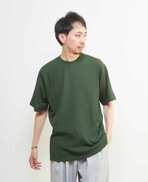テクスチャーメッシュクルーネックTシャツ 詳細画像 グリーン 1