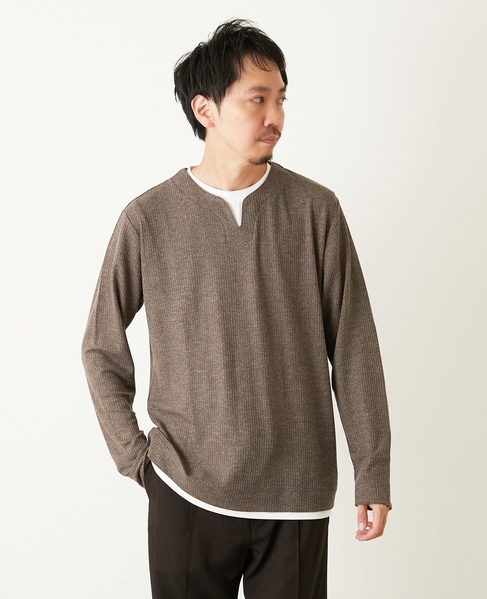 リンクスストライプ フェイクレイヤーキーネックTシャツ 詳細画像 グレー 18