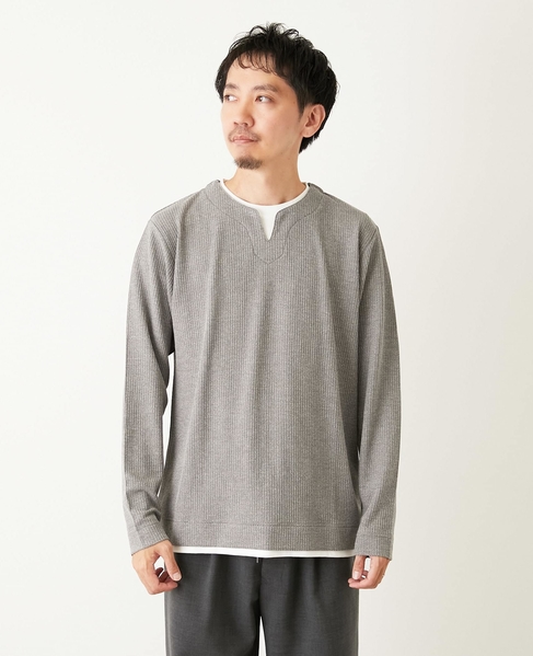 リンクスストライプ フェイクレイヤーキーネックTシャツ 詳細画像 グレー 2