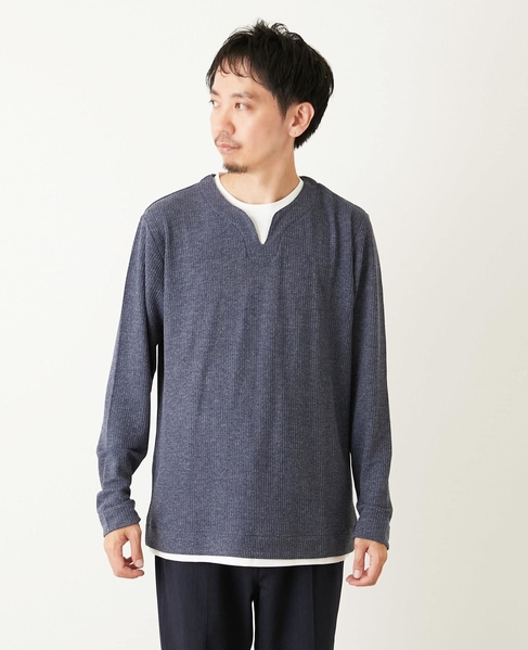 リンクスストライプ フェイクレイヤーキーネックTシャツ 詳細画像 グレー 23