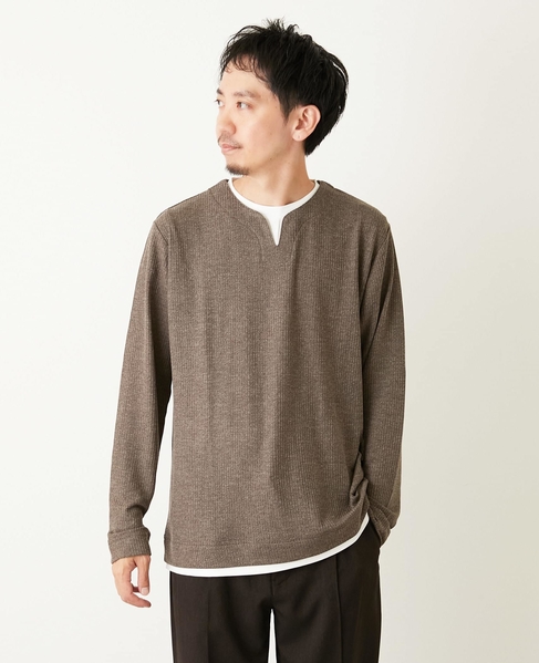 リンクスストライプ フェイクレイヤーキーネックTシャツ 詳細画像 ブラウン 1