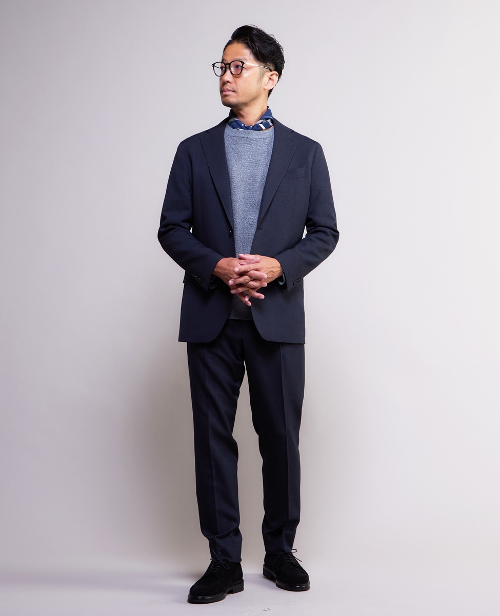 【美品】PLSTストレッチ ウォッシャブルノーカラーチェックスーツ WEB限定／ジャケット／ウォッシャブル／ストレッチ／グレン