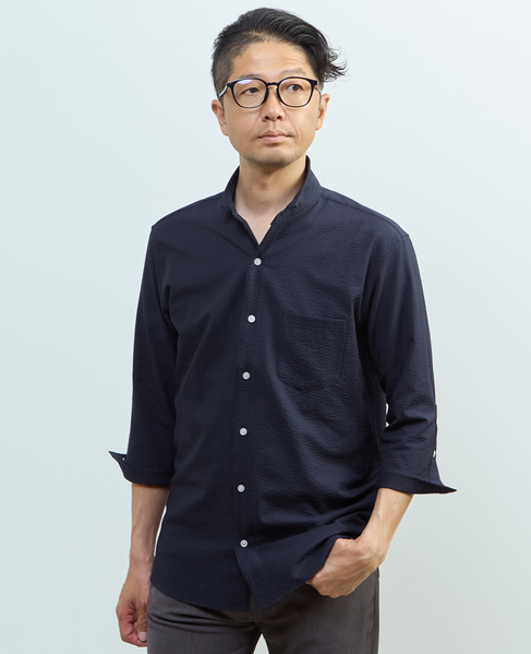 ストレッチフィット ワンピースカラー 七分袖シャツ 詳細画像 ネイビー 1