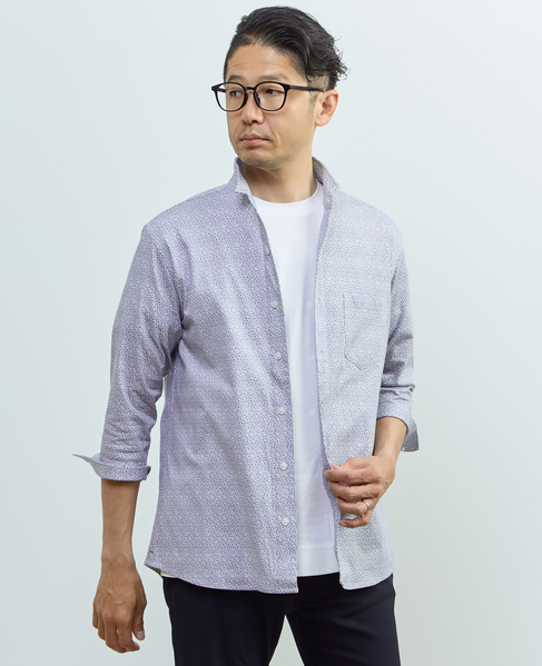 ストレッチフィット ワンピースカラー 七分袖シャツ 詳細画像 フラワー柄 1