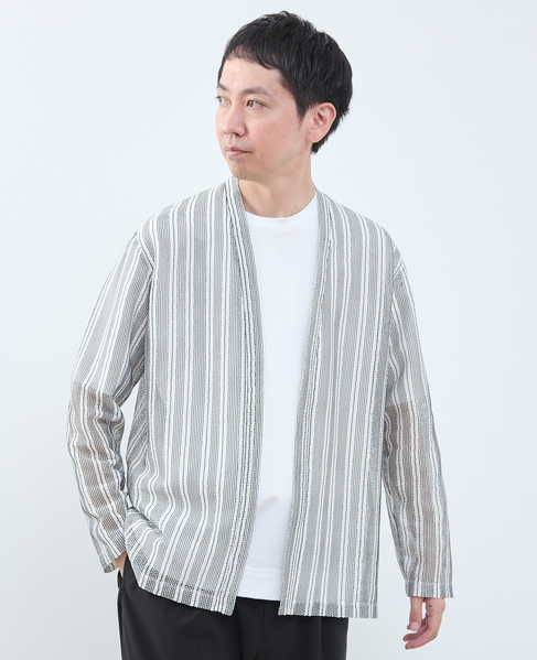 テクスチャーメッシュストライプカーディガン 詳細画像 ホワイト 1