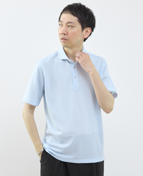 リンクスストライプ半袖ホリゾンカラーポロシャツ 詳細画像 ブルー 1