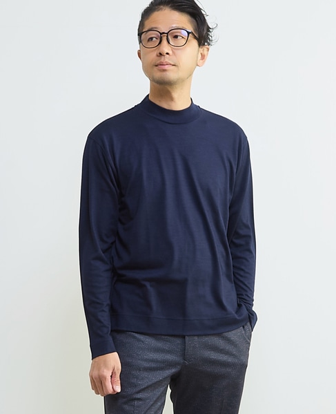 スーパー100ウォッシャブルウールモックネックTシャツ 詳細画像 ネイビー 1