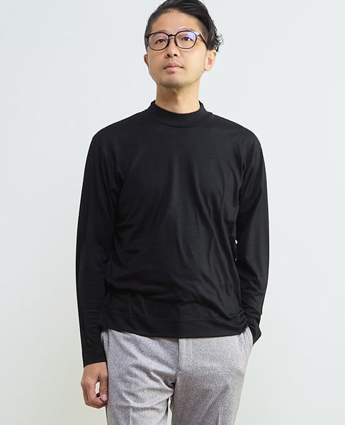 スーパー100ウォッシャブルウールモックネックTシャツ 詳細画像 ブラック 1