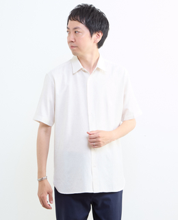リネン混ダブルガーゼ 半袖バンドカラーシャツ