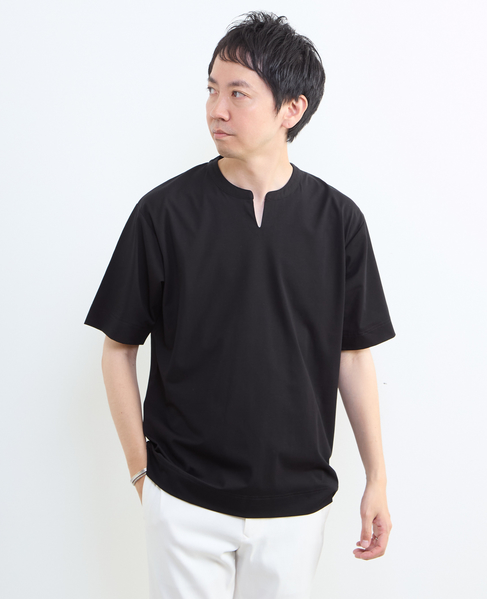 冷感プレーティング天竺キーネックTシャツ 詳細画像 ブラック 1
