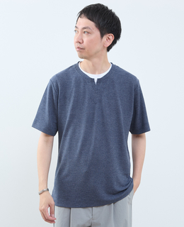 リンクスストライプ フェイクレイヤードキーネックTシャツ