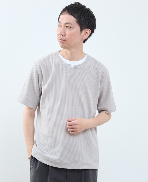 リンクスストライプ フェイクレイヤードキーネックTシャツ 詳細画像 ライトグレー 1