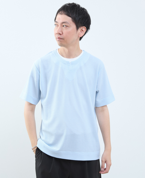 リンクスストライプ フェイクレイヤードキーネックTシャツ 詳細画像 ブルー 1