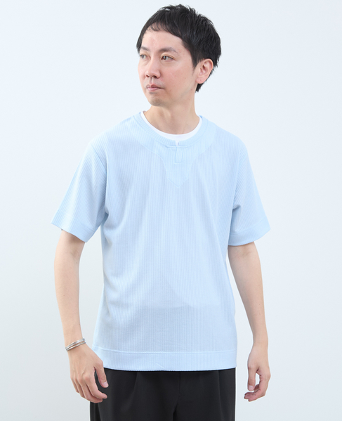 リンクスストライプ フェイクレイヤードキーネックTシャツ 詳細画像 ブルー 4