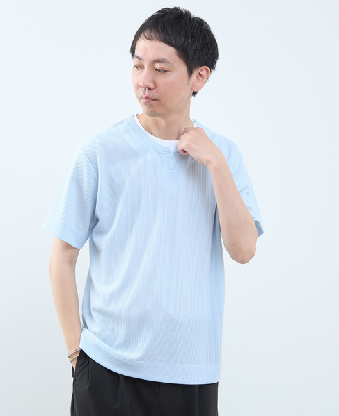リンクスストライプ フェイクレイヤードキーネックTシャツ 詳細画像 ブルー 5