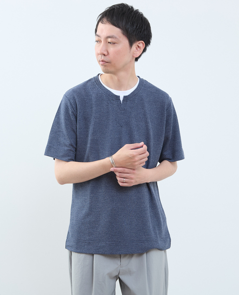リンクスストライプ フェイクレイヤードキーネックTシャツ 詳細画像 ネイビー 10