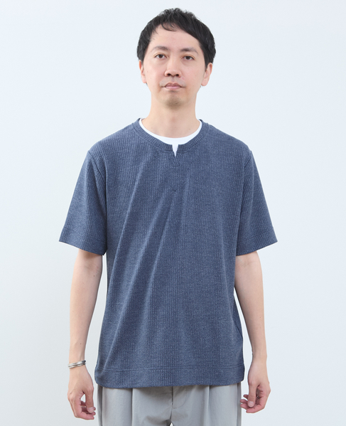 リンクスストライプ フェイクレイヤードキーネックTシャツ 詳細画像 ネイビー 4
