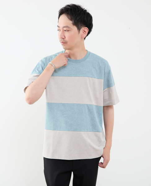 ムラプリントブロッキングボーダーTシャツ 詳細画像 ブルーグリーン 9
